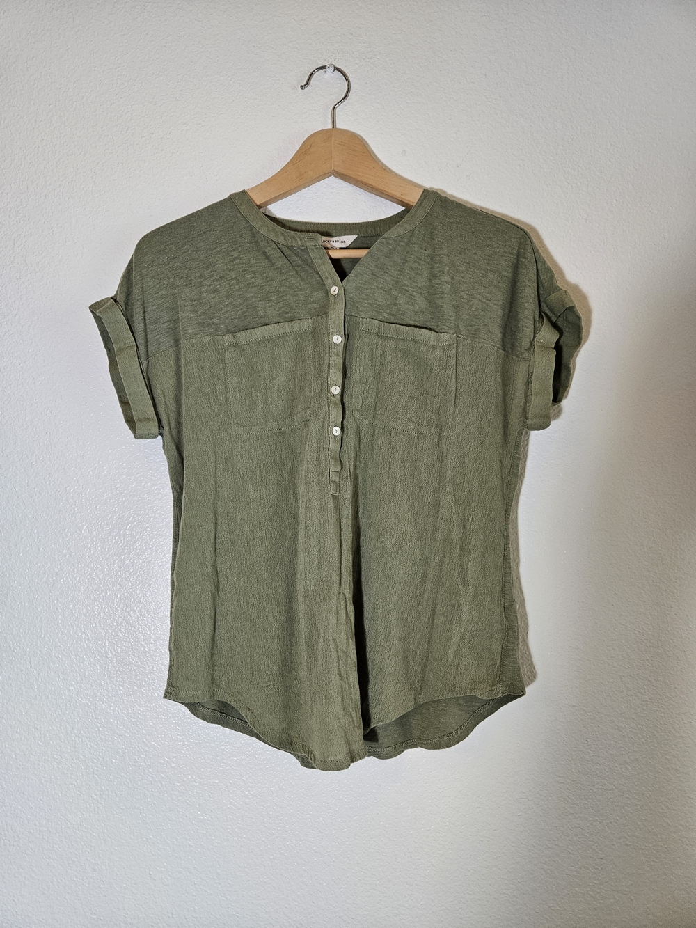 Olive Cap Short-Sleeve Button Front Modal & Viscose Women's Top